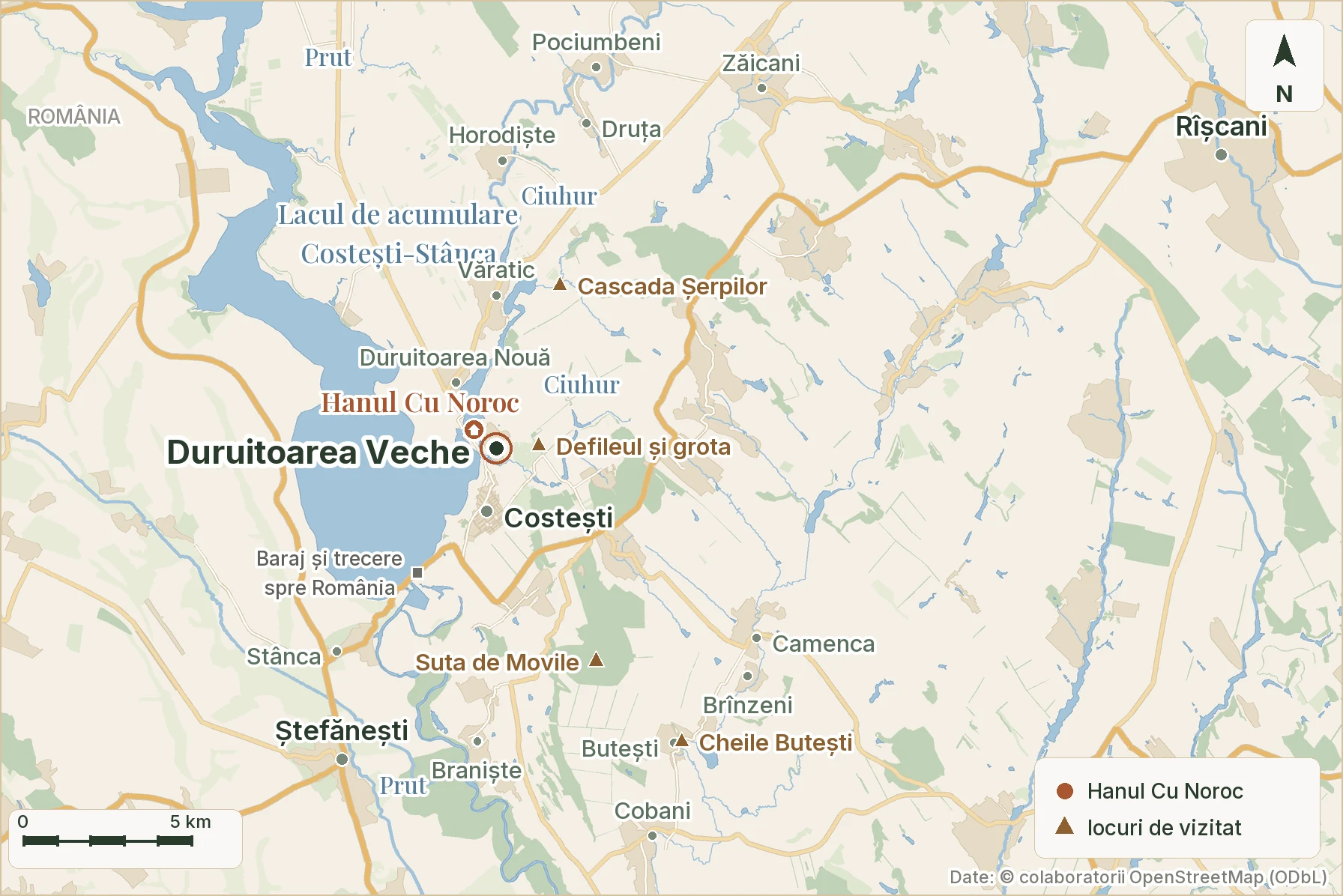 Harta zonei Duruitoarea Veche: satul pe malul Ciuhurului, între Costești la sud și Văratic la nord, cu Lacul Costești-Stânca la vest, cu Rîșcani la est și cu grota, Cascada Șerpilor, Suta de Movile și Cheile Butești marcate
